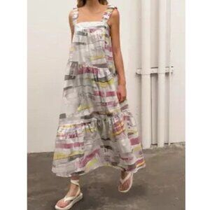Moon River Multicolor Pastel Brushstroke Maxi Dress Medium Ruffle Straps Boho